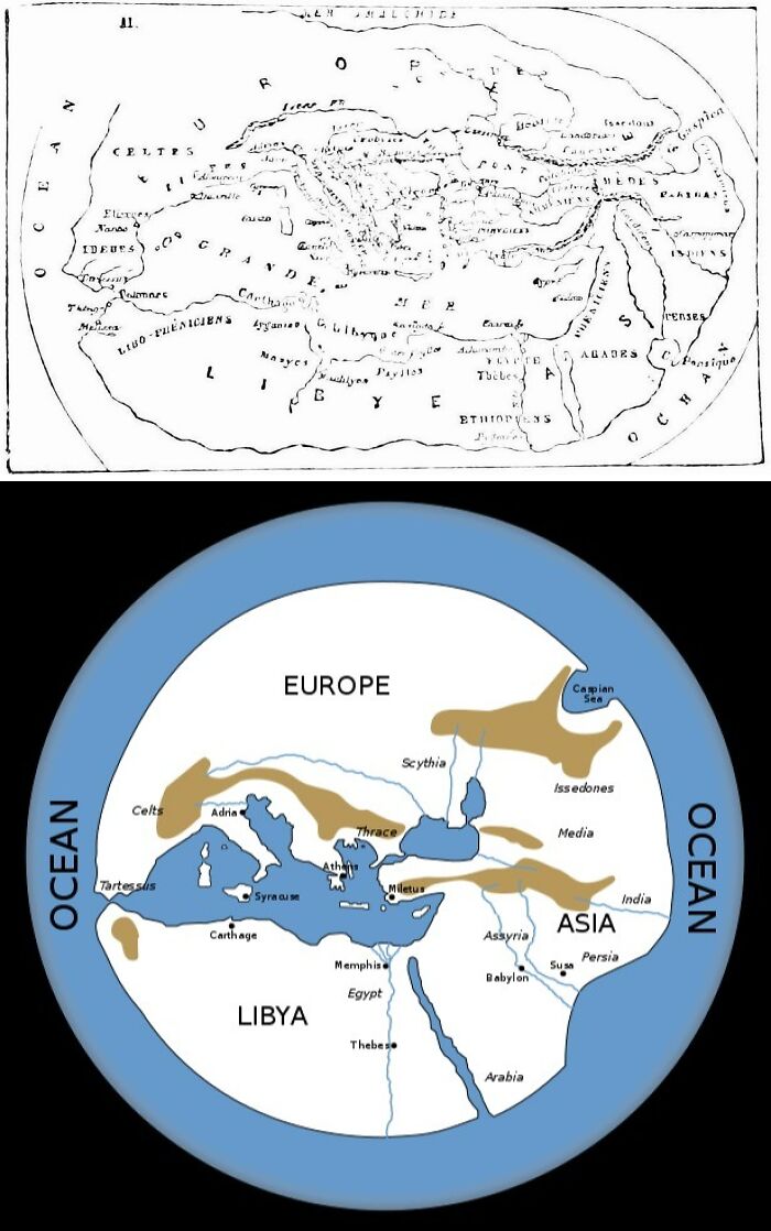 The world map created by Hecataeus of Miletus, divided into three regions: Europe, Asia, and Libya