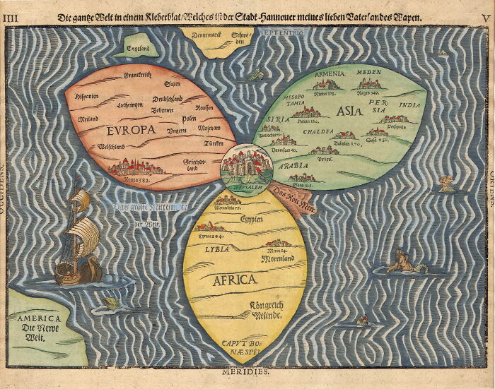 Stylized world map in the shape of a clover-leaf, with Jerusalem at the center, with additional indication of Great Britain, Scandinavia and America