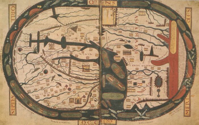 A copy of the Beatus map from the Saint-Sever Beatus, which is faced eastwards, and not northwards, as usual in modern cartography