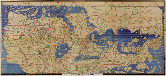 Reconstitution of the map Tabula Rogeriana, displaying a lot of Europe and Asia and northern regions of Africa