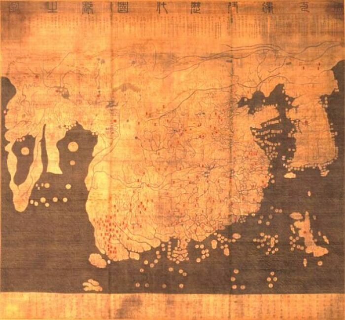 The Kangnido world map, which reflects the geographic knowledge of China during the Mongol Empire