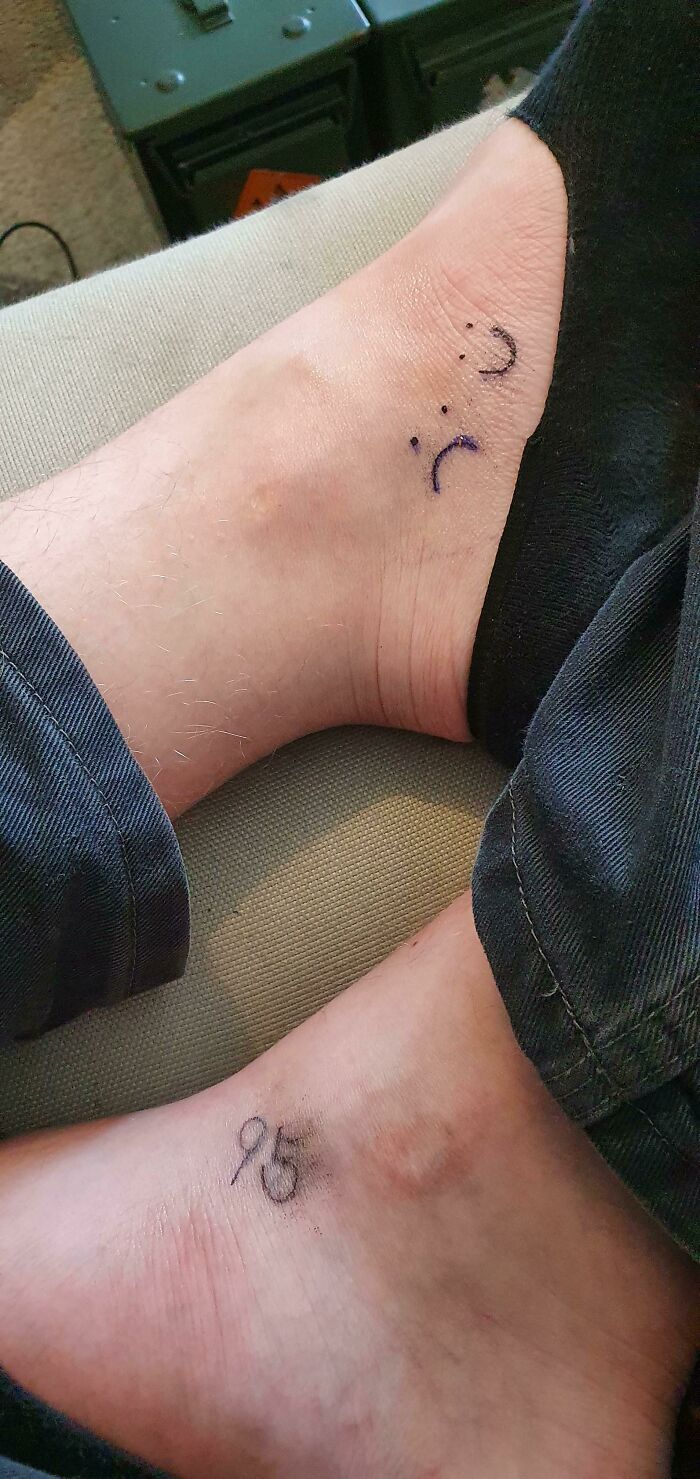Happy and sad face and number feet tattoos 