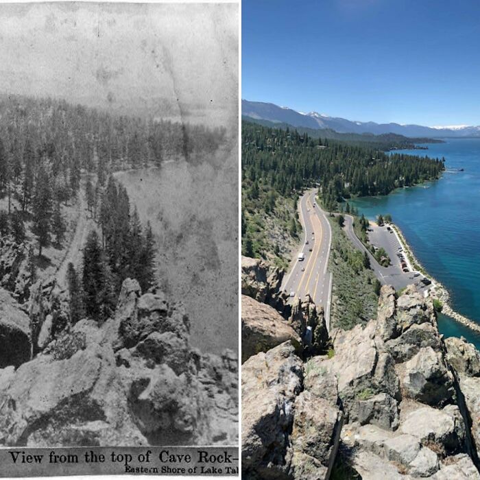 View From The Top Of Cave Rock, Lake Tahoe, East Shore, Nevada 1866 And Now