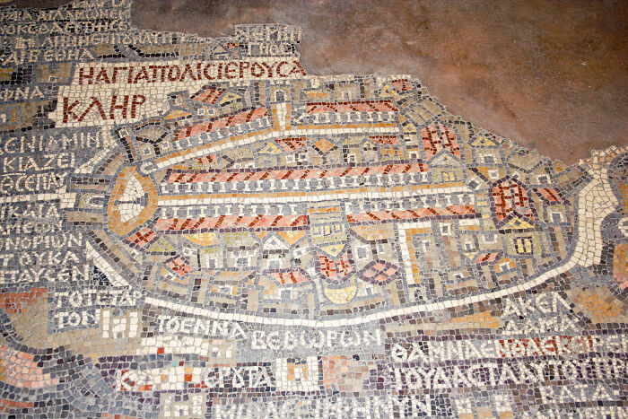 A mosaic map of 6th century Jerusalem, which depicts some famous Old City structures such as the Damascus Gate, St Steven's Gate and the Golden Gate 