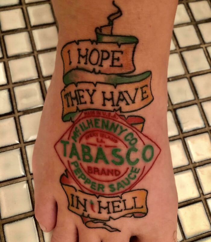 Funny Tabasco Leg Tattoo