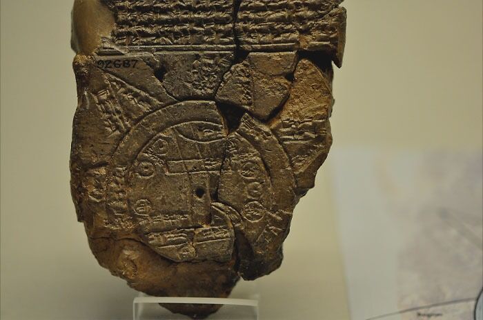 A close-up view of the Babylonian map of the World on a broken clay tablet