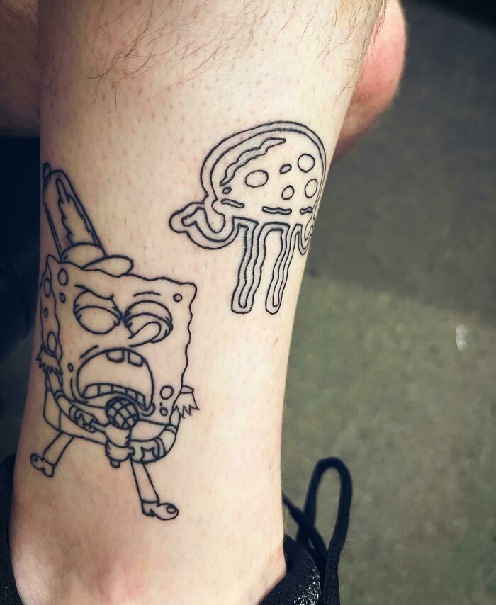 Funny Singing SpongeBob And Jellyfish Tattoo