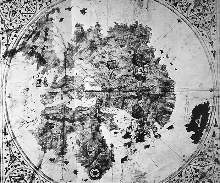Circular De Virga world map, drawn on a piece of parchment