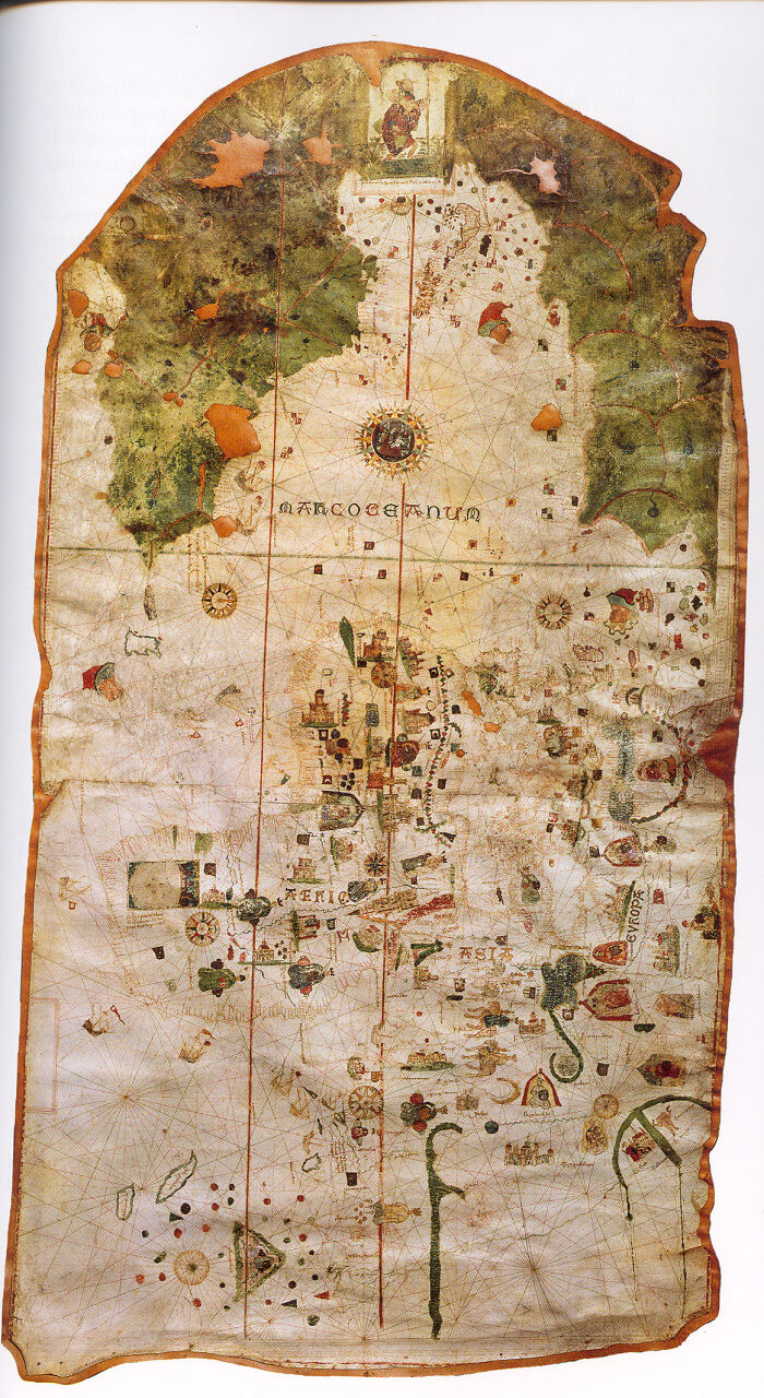 Juan De La Cosa map, a manuscript nautical chart of the world drawn on two joined sheets of parchment sewn onto a canvas backing