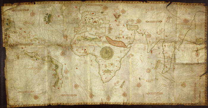 The Caverio world map, drawn by Nicolay de Caveri on parchment by hand and coloured