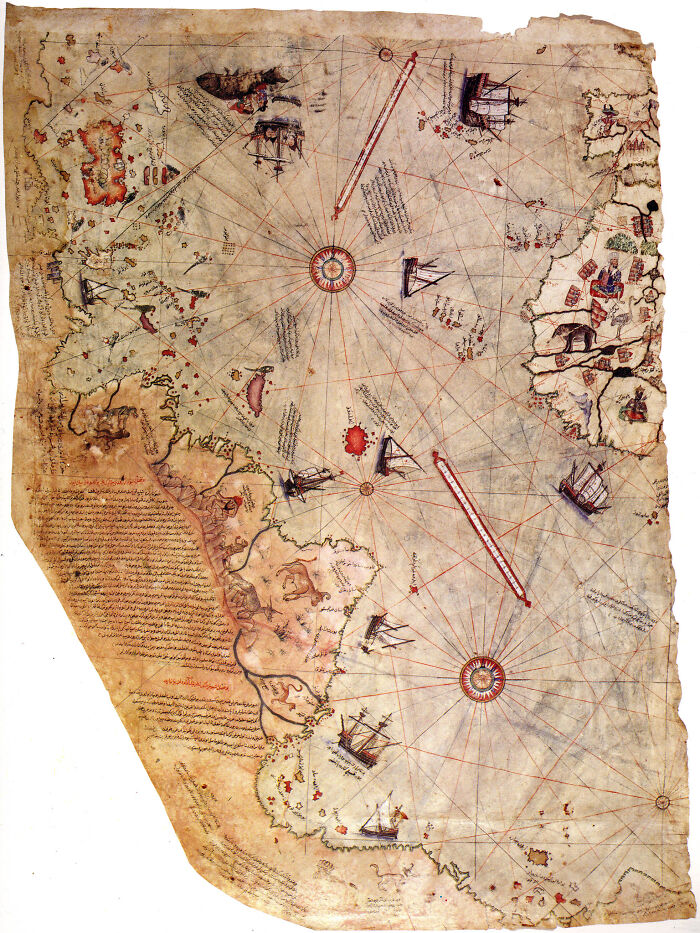 Surviving fragment of the map of the world by Ottoman admiral Piri Reis, drawn in 1513