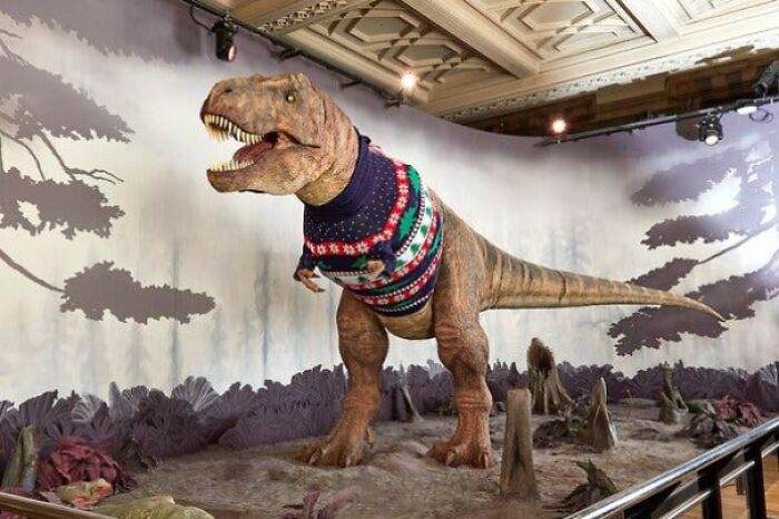 The Natural History Museum In London Outfitted Its Animatronic Tyrannosaurus Rex In A Colorful Christmas Sweater