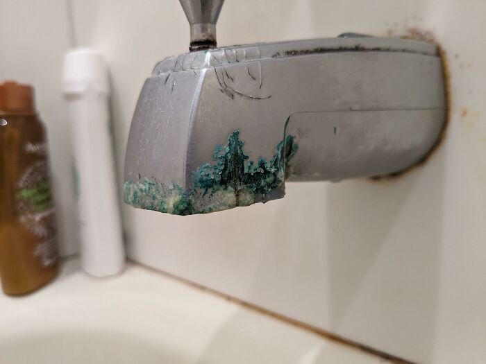 The Metal Staining On This Faucet Looks Like A Bob Ross Forest Scene