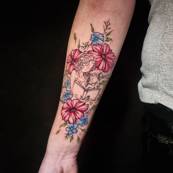 Mother And Childrens With Flowers Tattoo