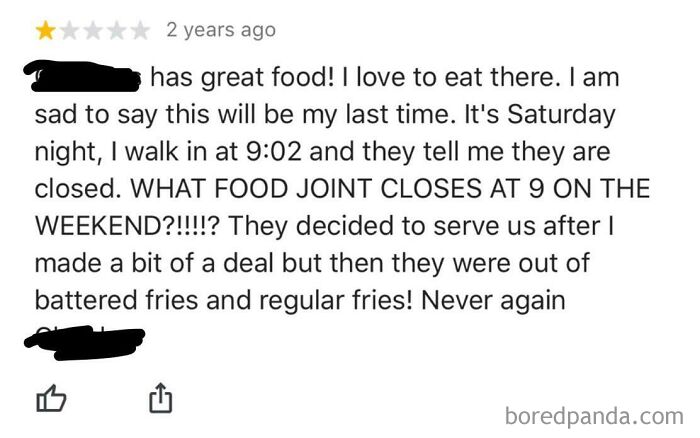 Local Restaurant Stays Open Late To Serve Great Food To Customer After Hours, Has Audacity To Be Out Of Fries, Receives One-Star Review