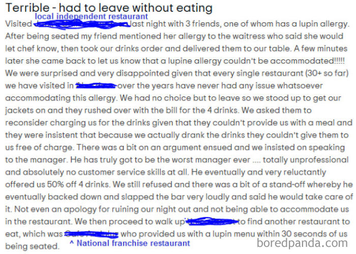 She Didn't Call In Advance To Check Uncommon Allergy Could Be Catered For And Then Refused To Pay For Drinks (It's A Bar/Restaurant).. Which They Finished... With A 50% Discount
