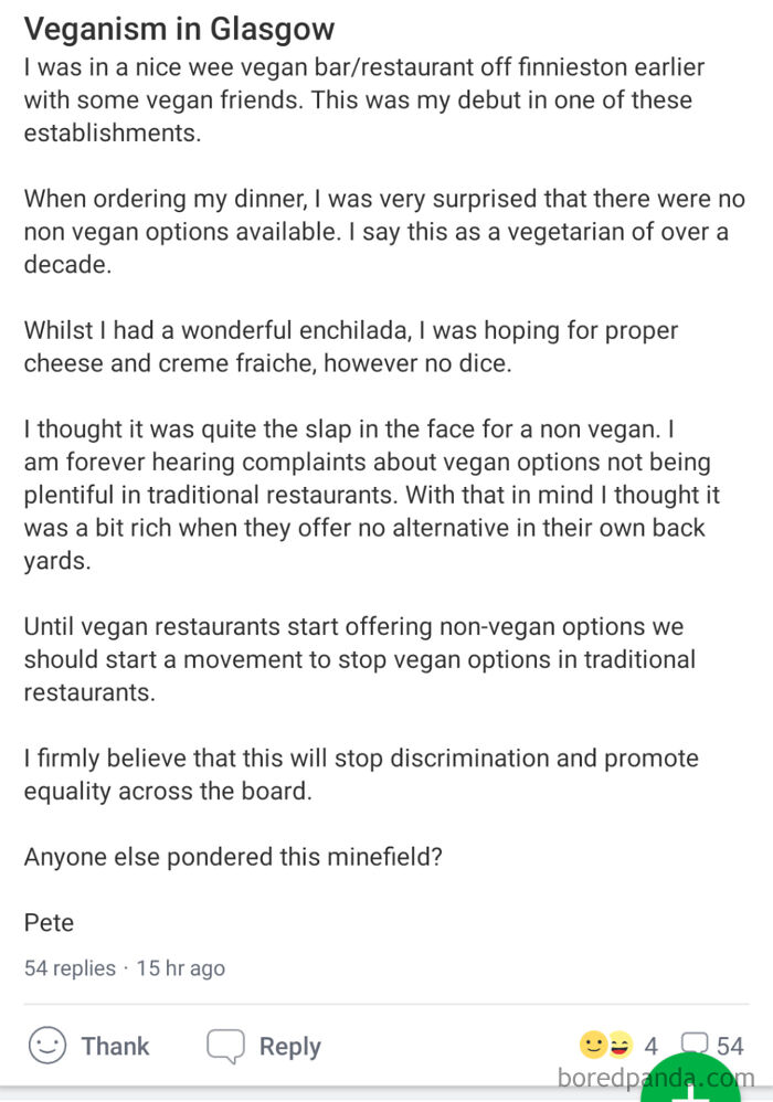 Man Wants To Ban Vegan Options In Restaurants Until Vegan Restaurants Cater To Him