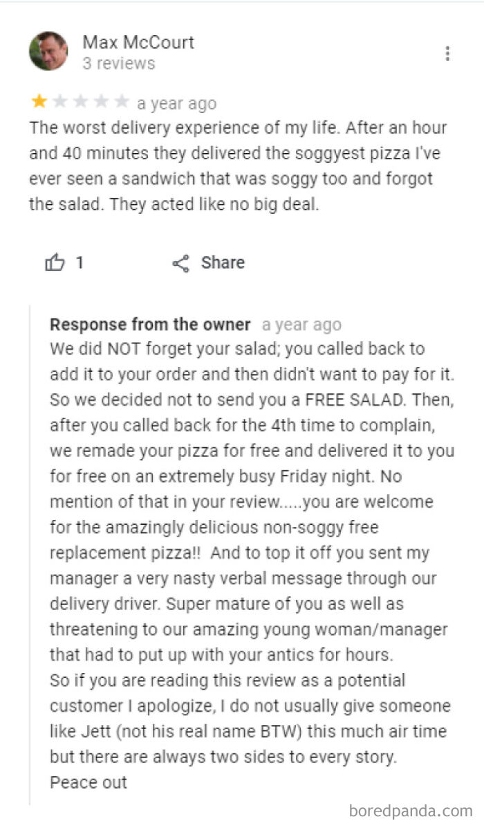 Cb Leaves One Star Review After Getting Free Replacement Pizza But No Salad