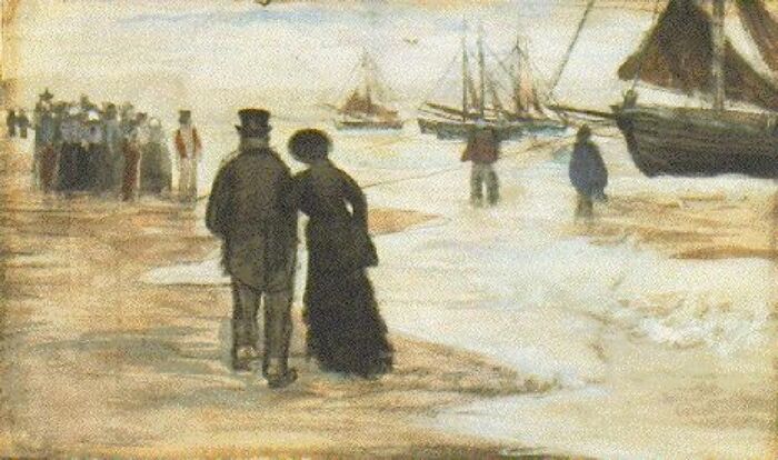 Beach With People Walking And Boats By Vincent Van Gogh