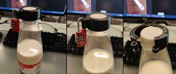 Alguien se bebía mi leche del refrigerador de la oficina, así que hice un candado para la botella de leche