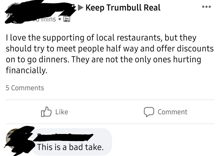 Restaurants Have Been Forced Closed In The Tri-State Area And This Cb Wants Them To Lose More Money By Giving A Discount