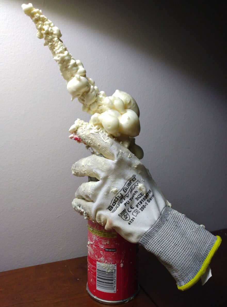 The Tube On My Expanding Foam Can Cracked, Resulting In This Mess. The Glove Is Irremovable