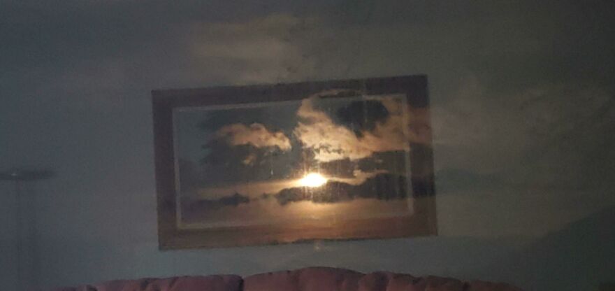Took A Picture Of The Full Moon Out Of My Picture Window And Unwittingly Superimposed It Over The Mountain Painting Hanging On The Opposite Wall