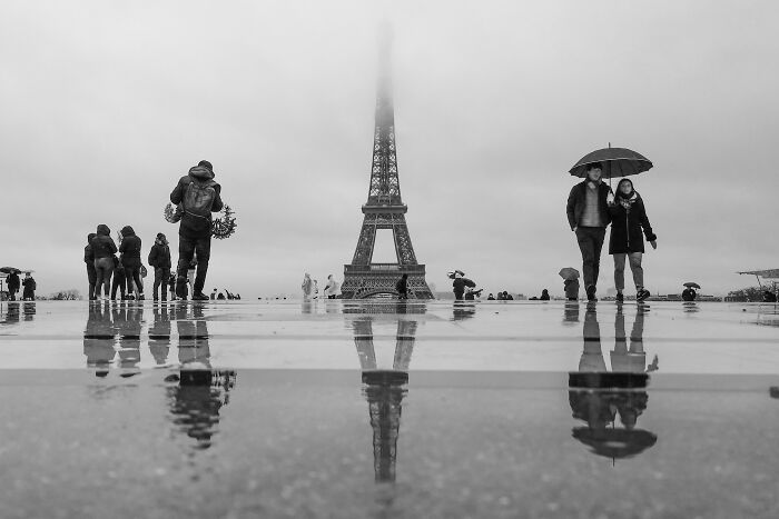 The Eiffel tower in a foggy environment 