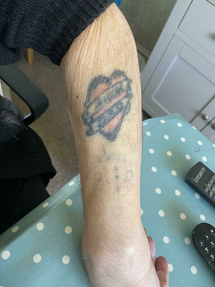 My Granddads 65 Years Old Tattoo Done When He Was 15 For 50 Pence. Heart With Mum And Dad