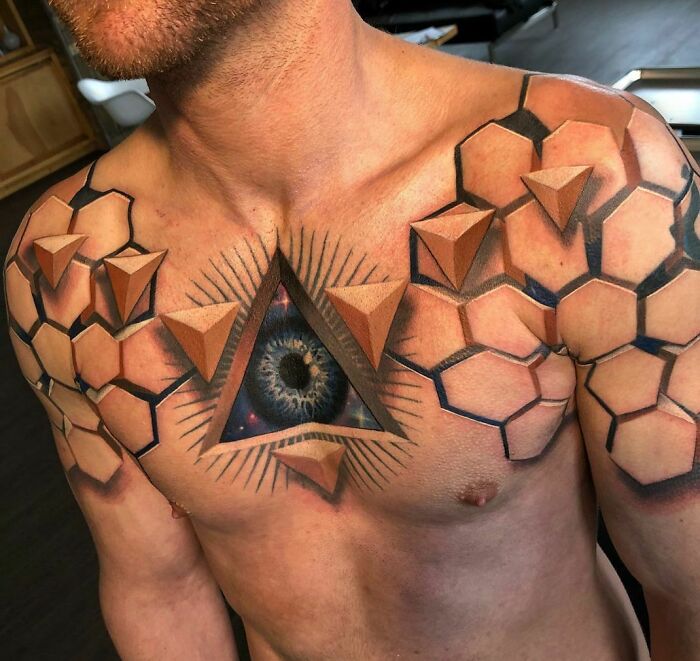 Optical Illusion Shoulder And Chest Tattoo