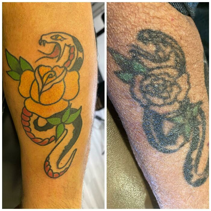 My Dad Has Had This Snake On His Arm Since I Was Born. I’m Now 32, And I Have A Snake Of My Own. It Lives On!