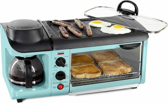 Light blue Breakfast Station with food on it 