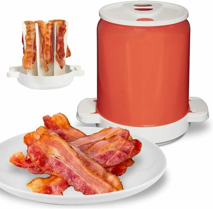 Orange and white bacon cooker with bacon on a plate 