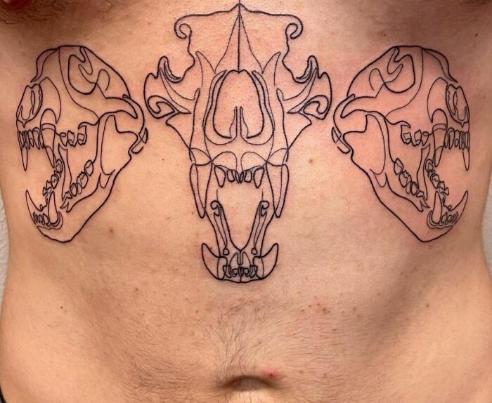 Single line bear skulls stomach tattoo