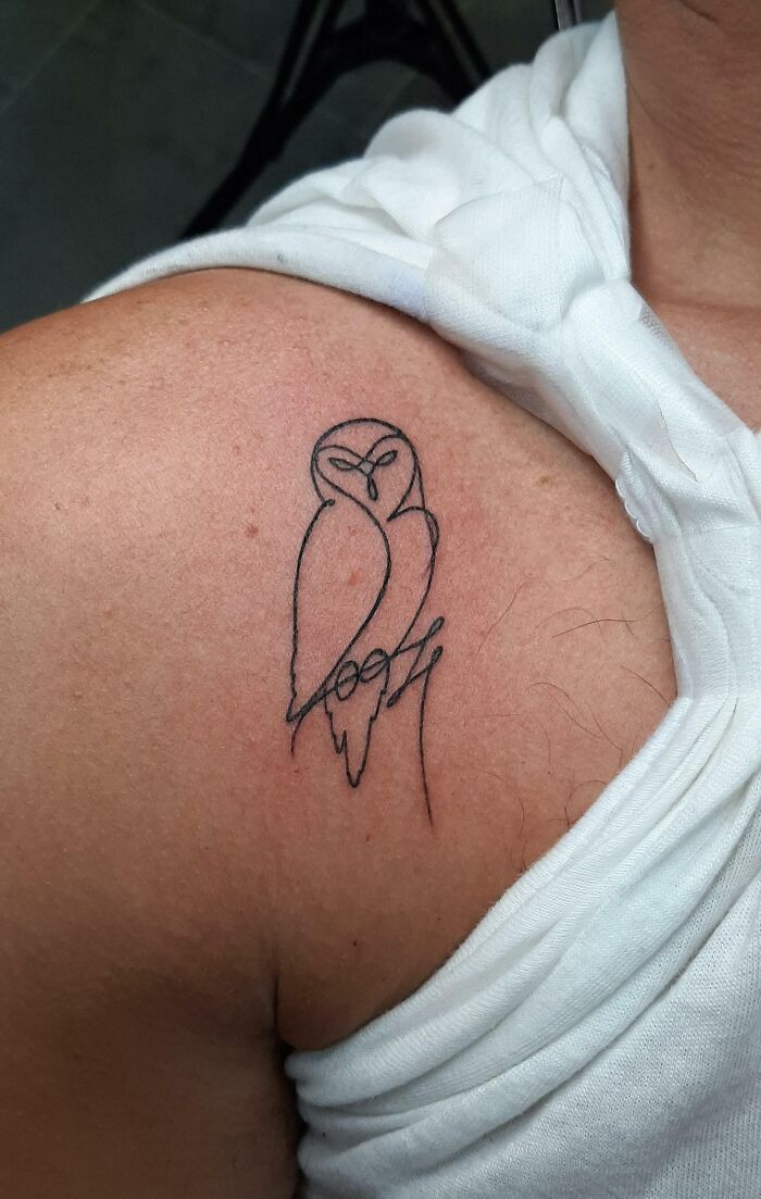 Line owl shoulder tattoo
