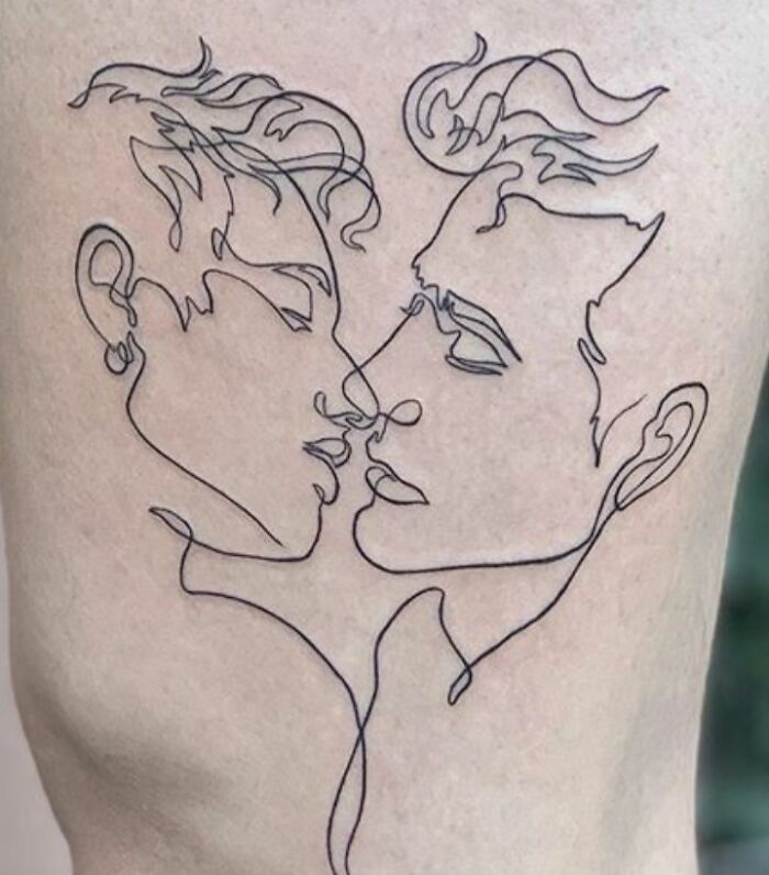 Single line man kissing tattoo