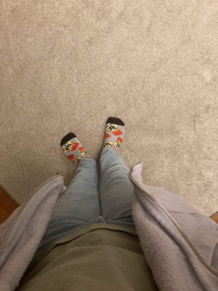 Purple Hoodie, Green Shirt, Doggo Socks