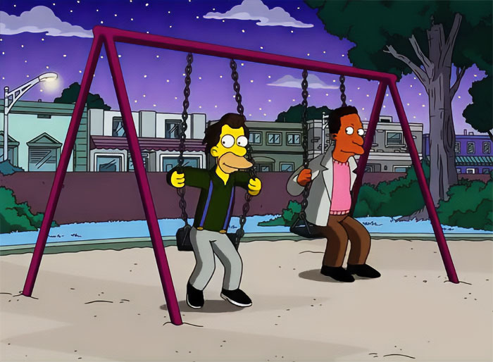 Lenny and Carl swinging from The Simpsons