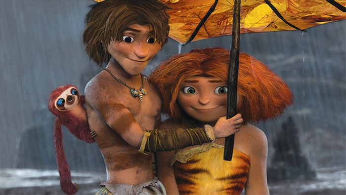 Eep and Guy smiling and holding umbrella from Croods