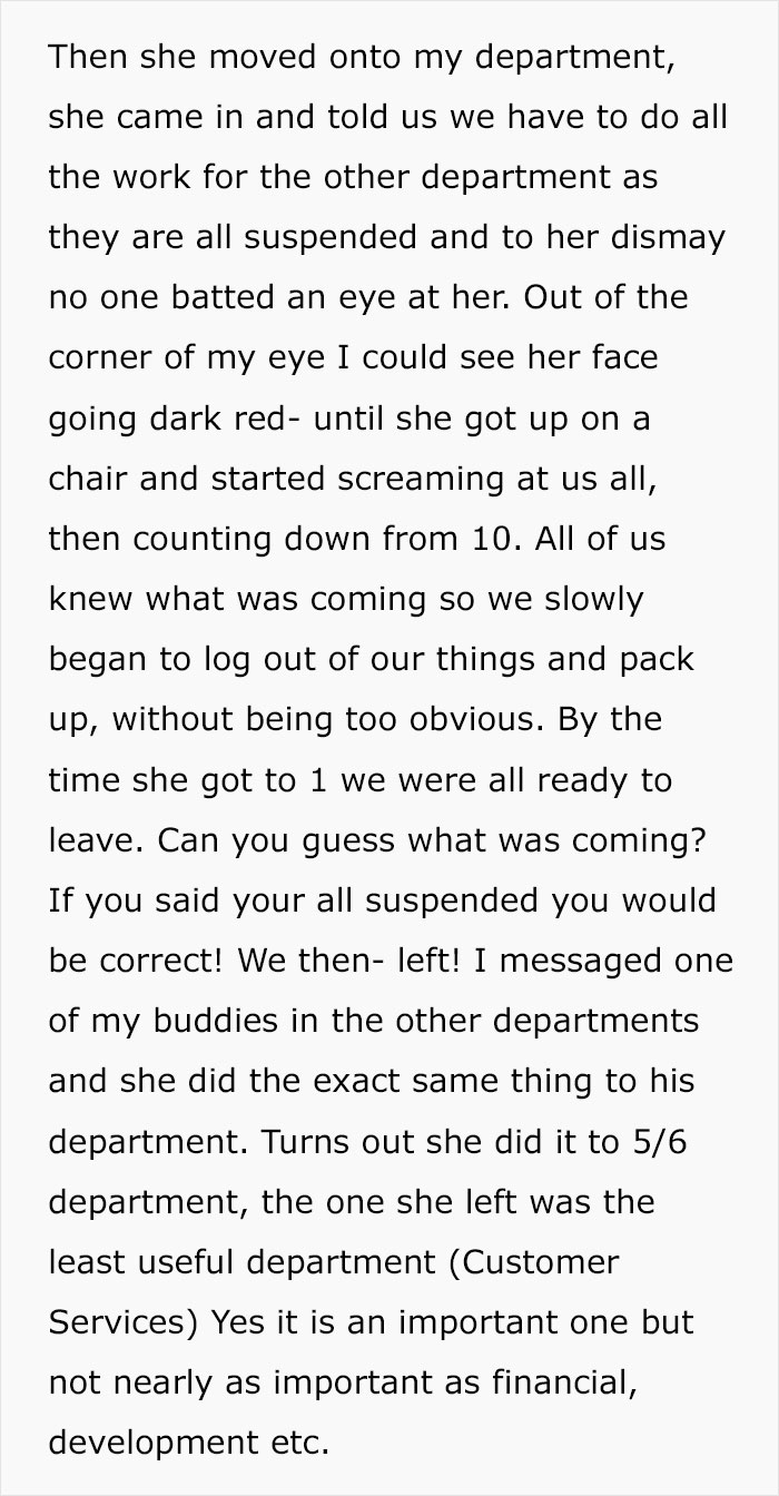 Toxic Manager Screws Herself Over By Suspending Almost All Employees For Not Engaging In Conversation, Gets Fired Toxic Manager Screws Herself Over By Suspending Almost All Employees For Not Engaging In Conversation, Gets Fired