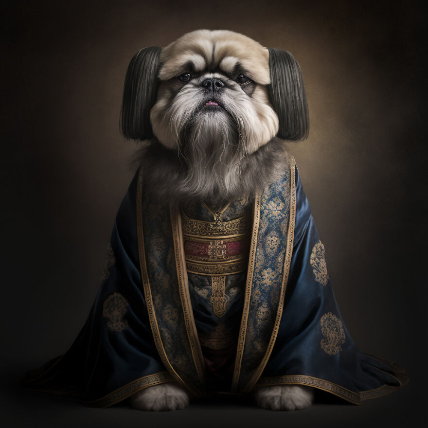 Portrait of a Shih Tzu dog dressed in elaborate ancient Chinese dynasty robes, created using AI art techniques.