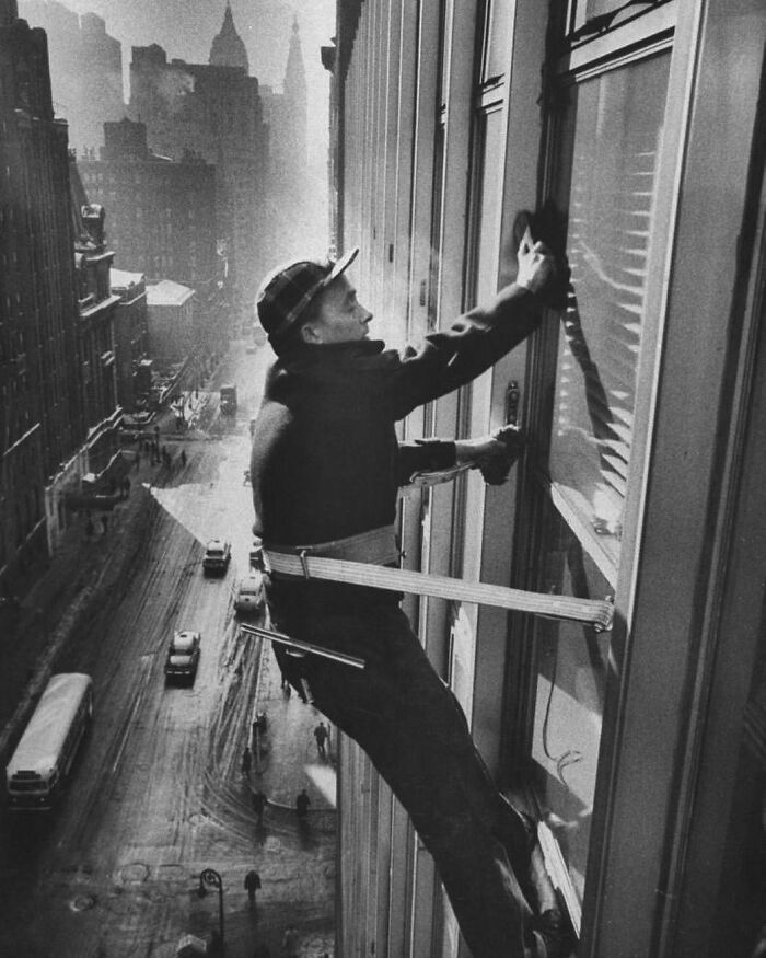 Window Cleaners Cleaning High Rise On Madison Avenue. 1957