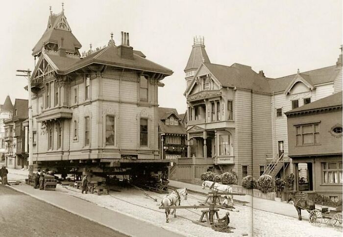 Moving A House Using Horses. San Francisco, 1908