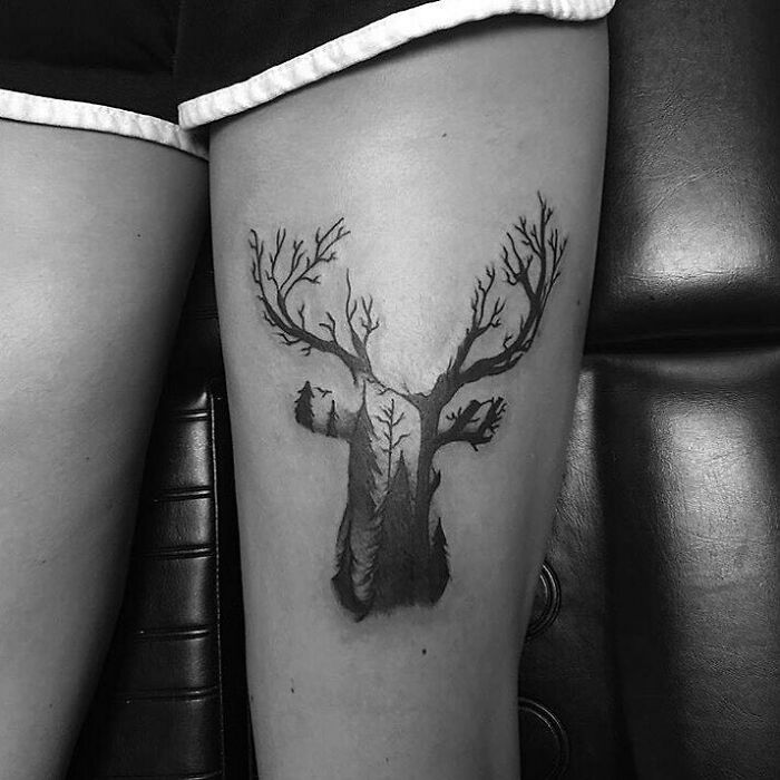 Deer And Forrest Optical Illusion Leg Tattoo