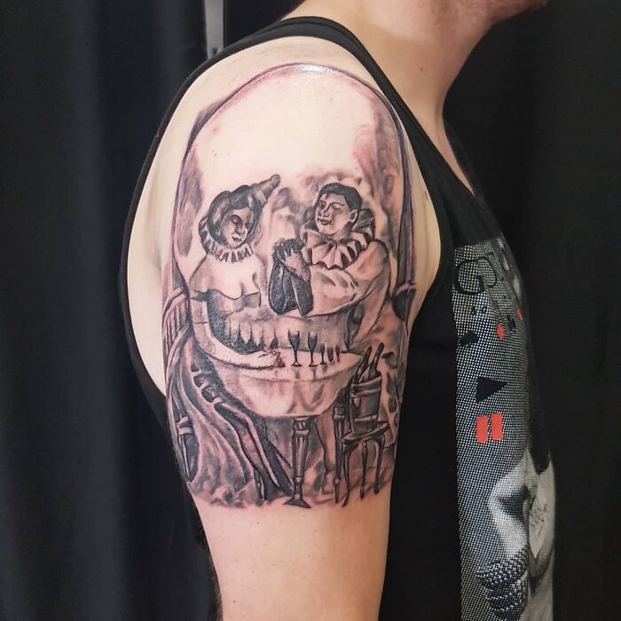 Skull And Couple Optical Illusion Arm Tattoo