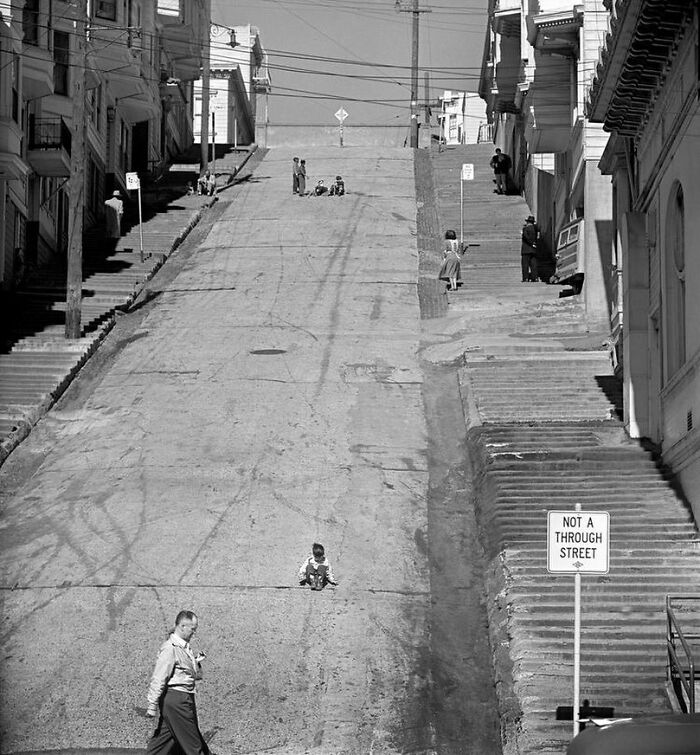 Boys Sidewalk Sledding On Steep San Francisco Hill Street, 1952