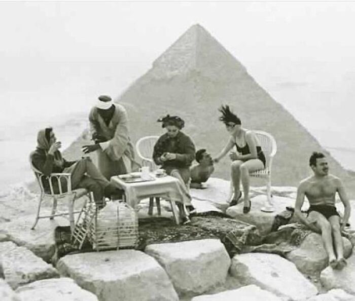 Tourists Sunbathing And Drinking Tea On Top Of The Great Pyramid Of Giza, 1938