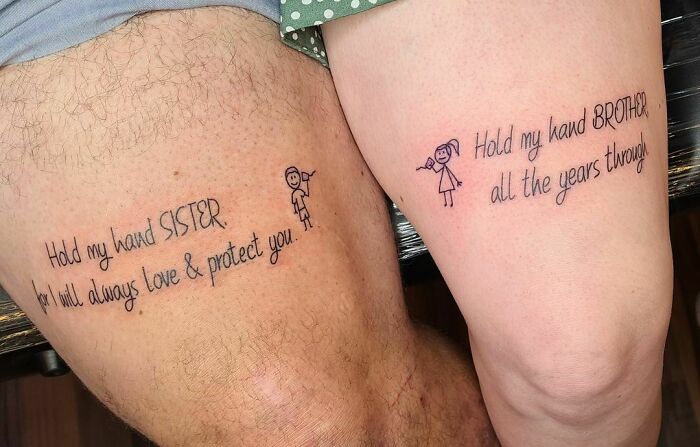 Hold my hand brother and sister thigh matching tattoos