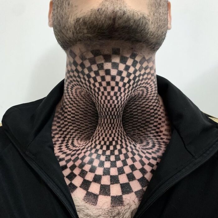 Crazy Optical Illusion Neck Tattoo
