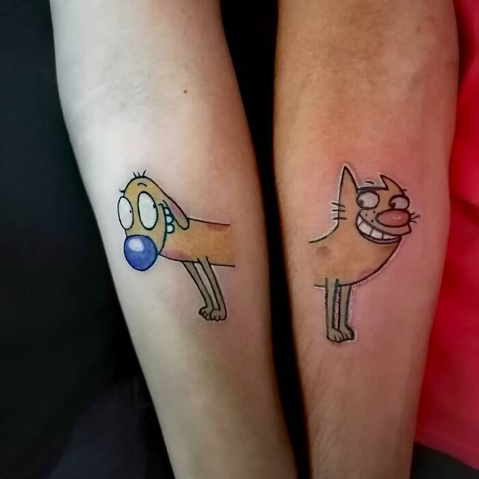 "CatDog" TV show inspired matching forearm tattoos 